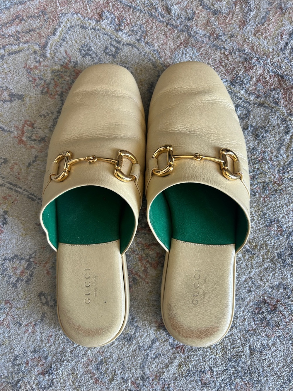 Gucci, soft yellow leather with gold horsebit green interior and has a new soul.